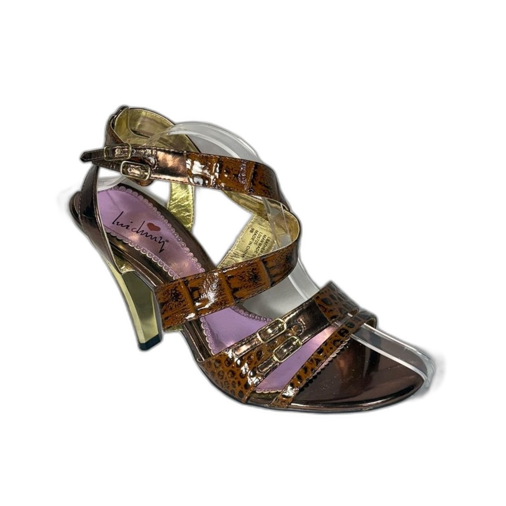 Luichinny Brown Leather Strappy Heels animal print gold accents‎ size 9B L05705